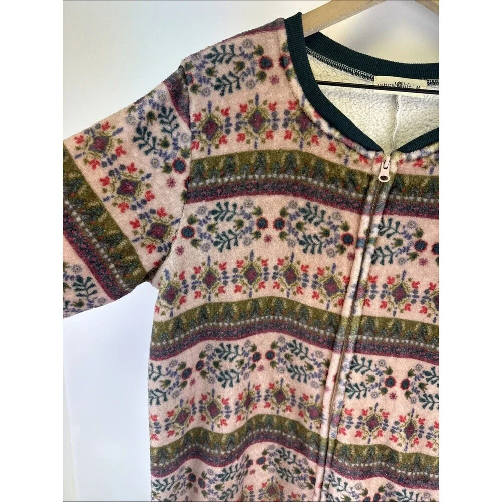 Natural Life One Piece Fleece Pajamas Zip Pink‎ Green Floral Long Womens Medium